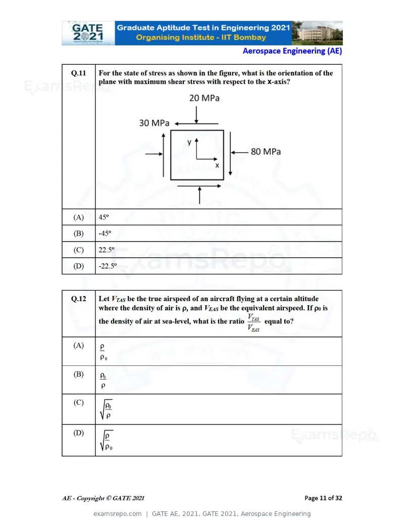 GATE AE 2021 question paper, GATE 2021, Aerospace Engineering, page 11 of 35