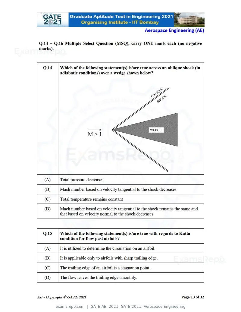 GATE AE 2021 question paper, GATE 2021, Aerospace Engineering, page 13 of 35
