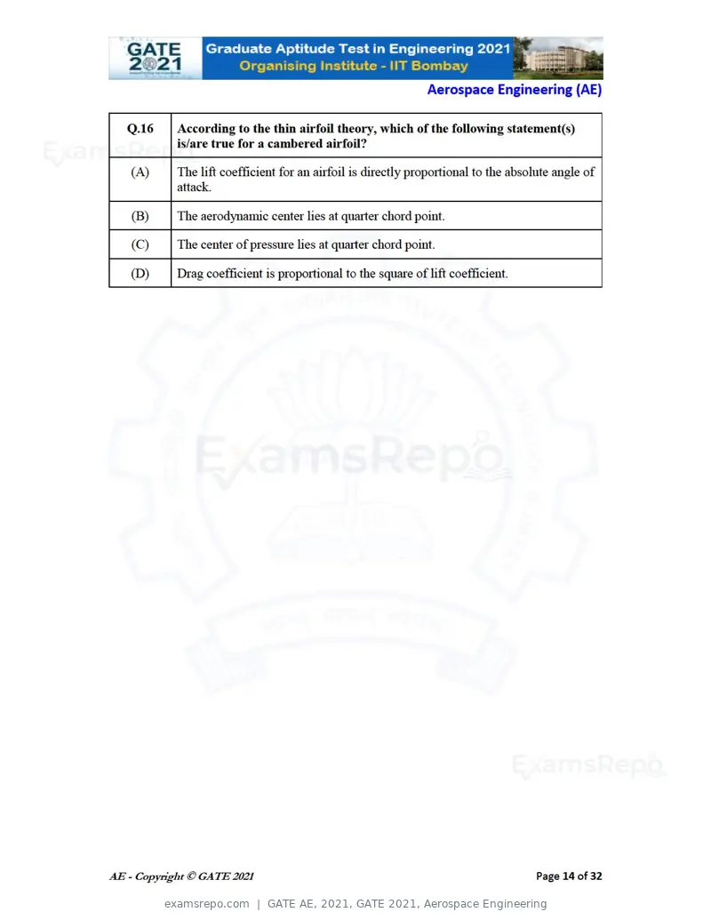 GATE AE 2021 question paper, GATE 2021, Aerospace Engineering, page 14 of 35