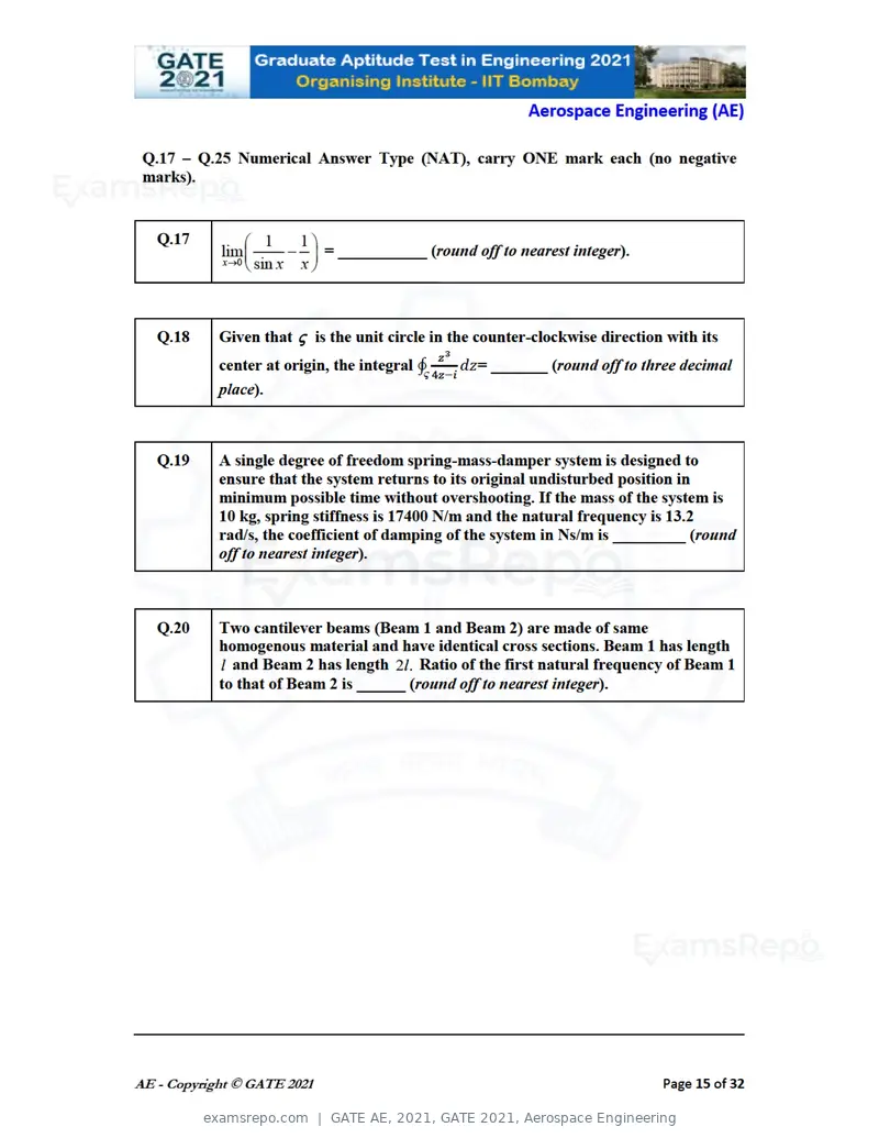 GATE AE 2021 question paper, GATE 2021, Aerospace Engineering, page 15 of 35