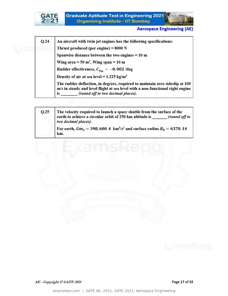 GATE AE 2021 question paper, GATE 2021, Aerospace Engineering, page 17 of 35