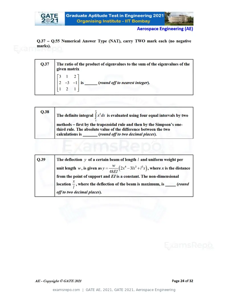 GATE AE 2021 question paper, GATE 2021, Aerospace Engineering, page 24 of 35