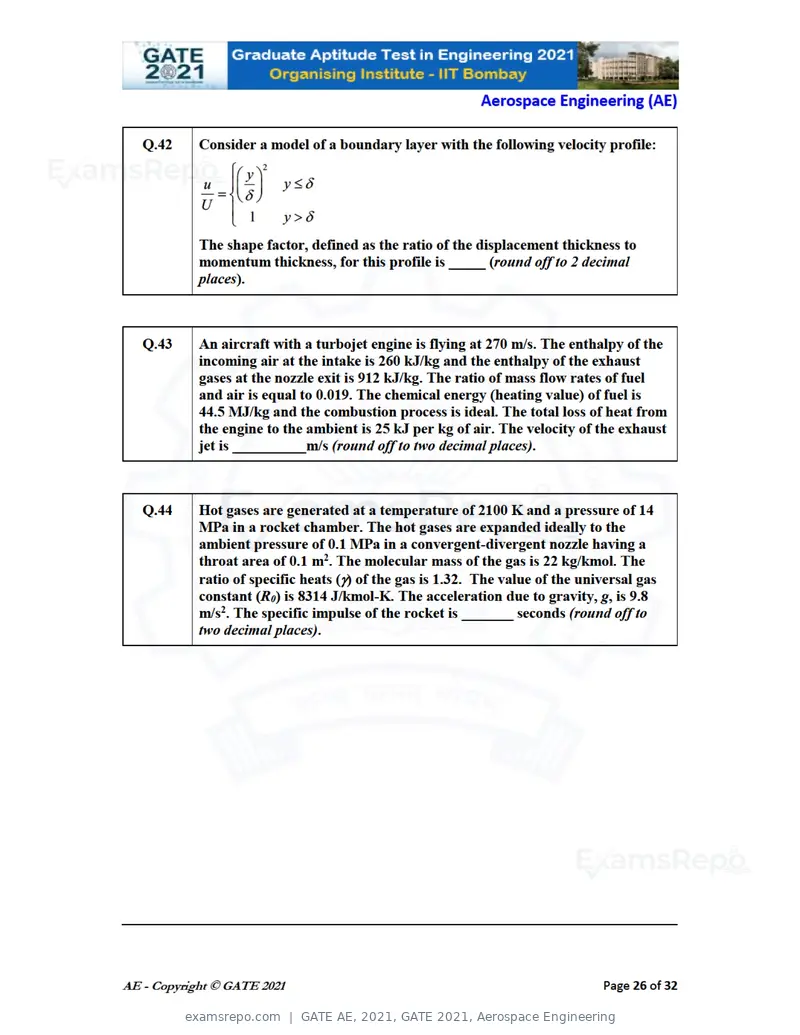 GATE AE 2021 question paper, GATE 2021, Aerospace Engineering, page 26 of 35