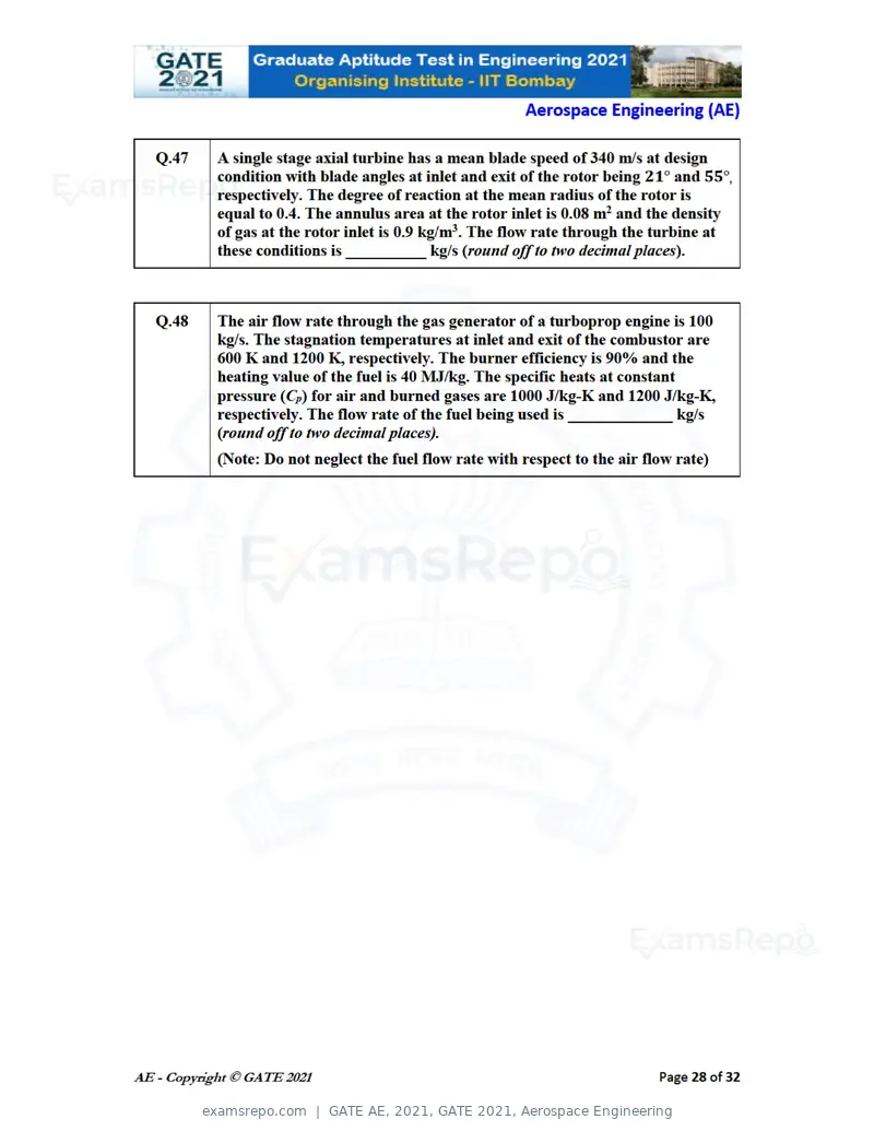 GATE AE 2021 question paper, GATE 2021, Aerospace Engineering, page 28 of 35