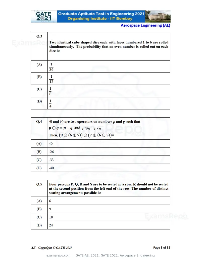 GATE AE 2021 question paper, GATE 2021, Aerospace Engineering, page 3 of 35