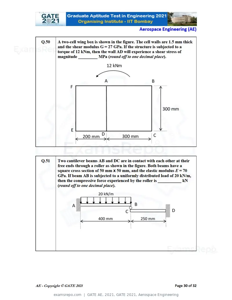 GATE AE 2021 question paper, GATE 2021, Aerospace Engineering, page 30 of 35