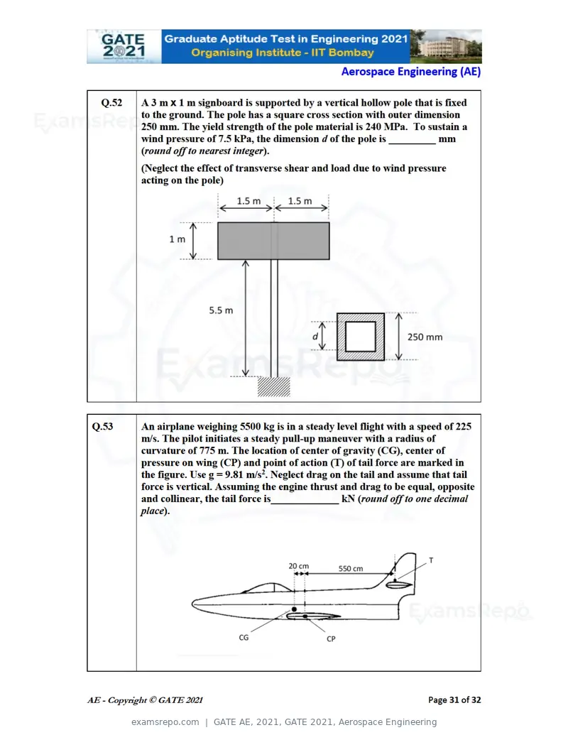 GATE AE 2021 question paper, GATE 2021, Aerospace Engineering, page 31 of 35