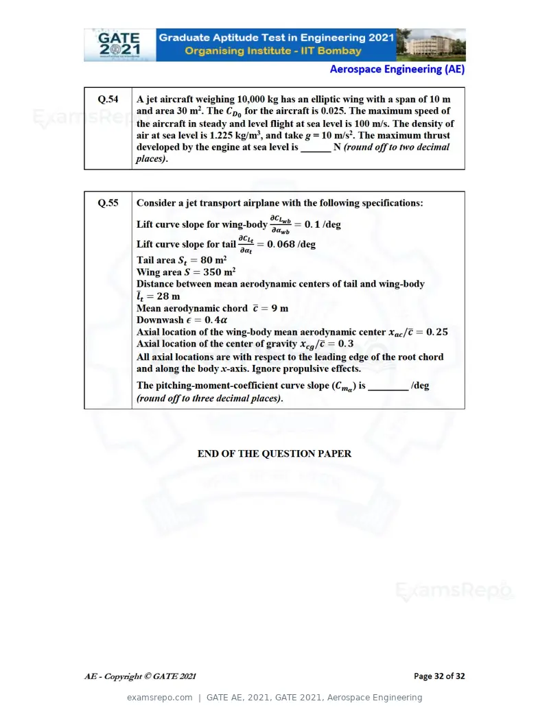 GATE AE 2021 question paper, GATE 2021, Aerospace Engineering, page 32 of 35