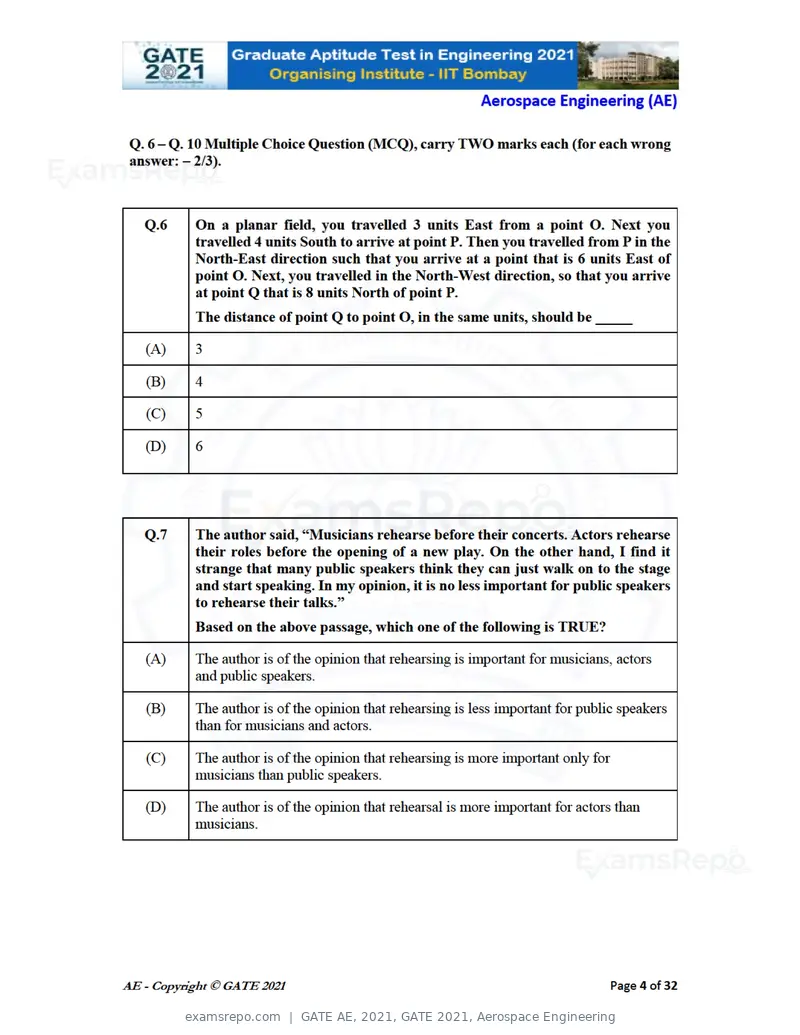 GATE AE 2021 question paper, GATE 2021, Aerospace Engineering, page 4 of 35