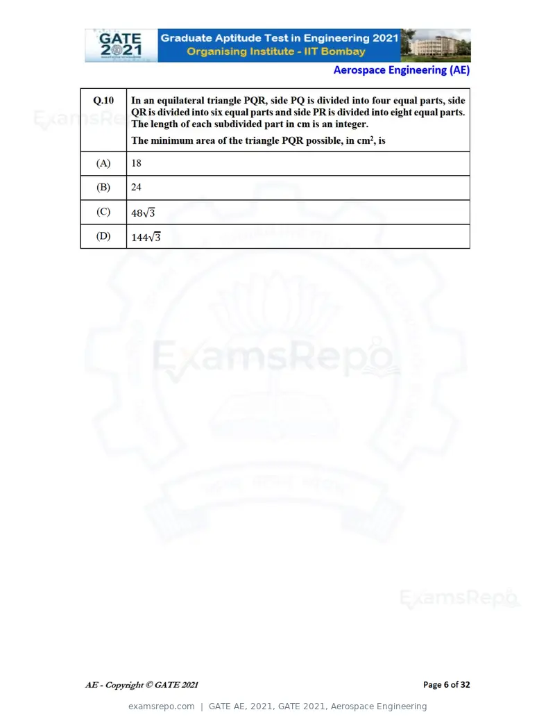 GATE AE 2021 question paper, GATE 2021, Aerospace Engineering, page 6 of 35
