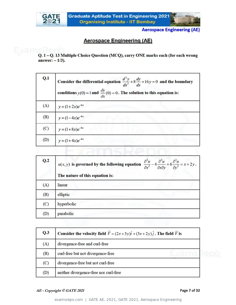GATE AE 2021 question paper, GATE 2021, Aerospace Engineering, page 7 of 35
