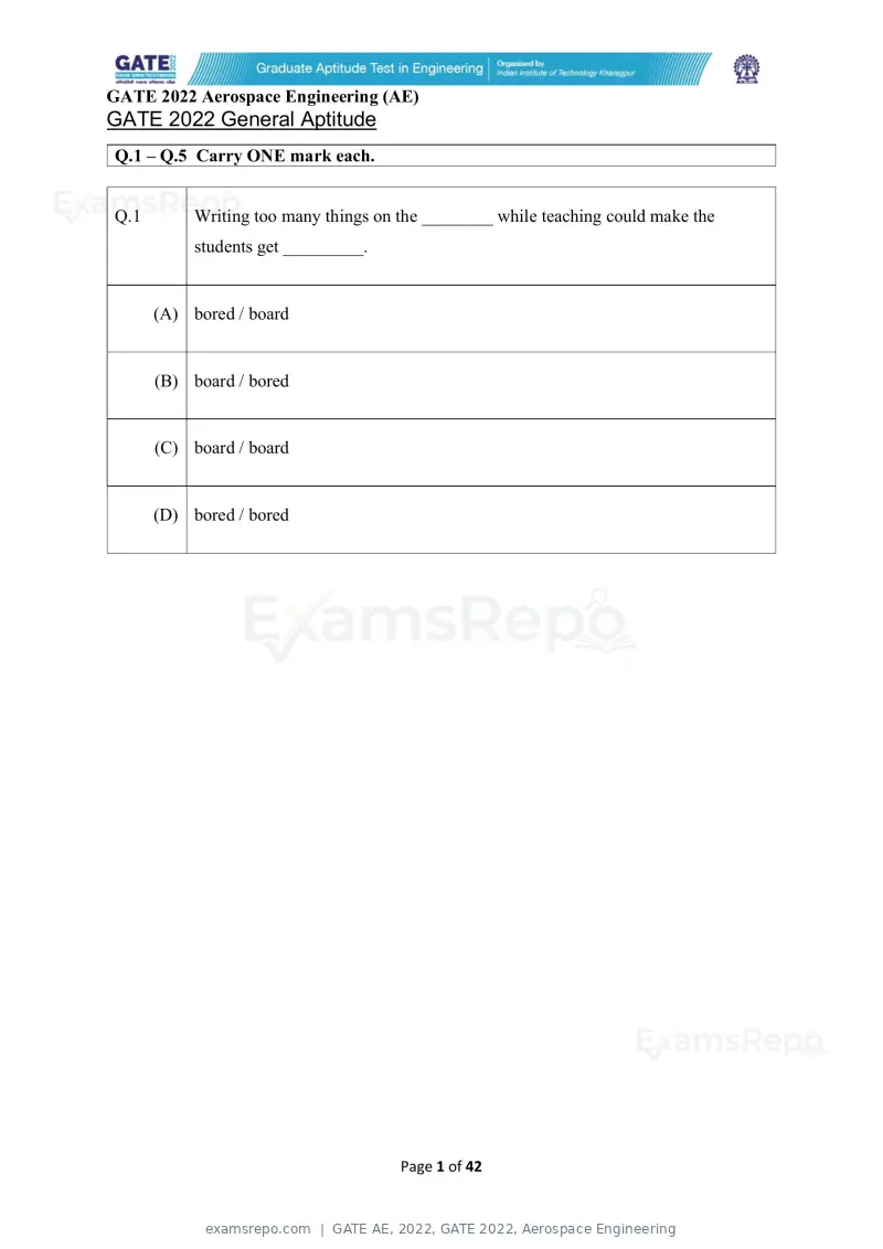 GATE AE 2022 question paper, GATE 2022, Aerospace Engineering, page 1 of 44
