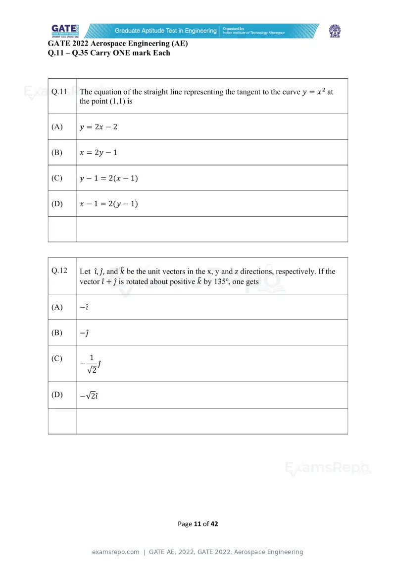 GATE AE 2022 question paper, GATE 2022, Aerospace Engineering, page 11 of 44