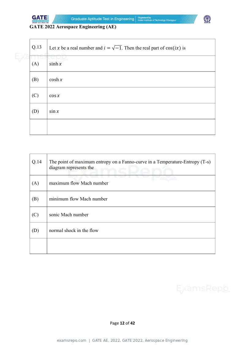 GATE AE 2022 question paper, GATE 2022, Aerospace Engineering, page 12 of 44