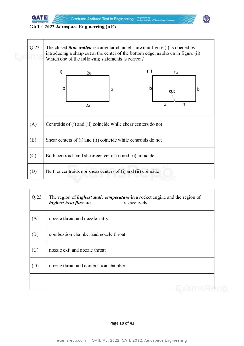 GATE AE 2022 question paper, GATE 2022, Aerospace Engineering, page 19 of 44
