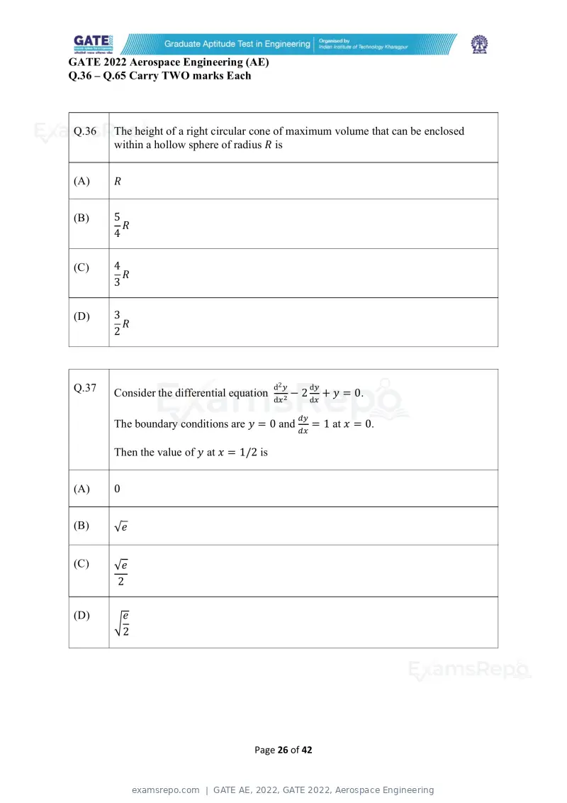 GATE AE 2022 question paper, GATE 2022, Aerospace Engineering, page 26 of 44
