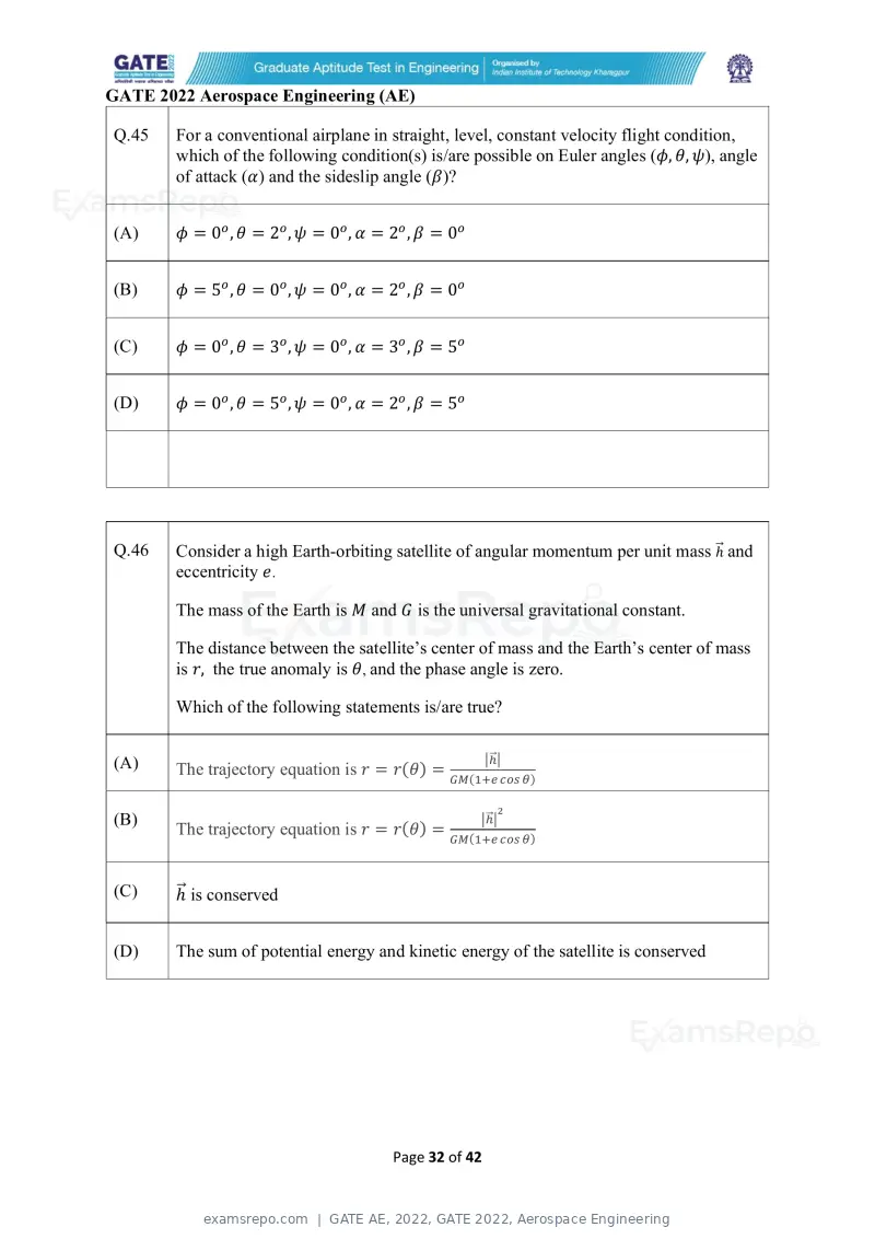 GATE AE 2022 question paper, GATE 2022, Aerospace Engineering, page 32 of 44