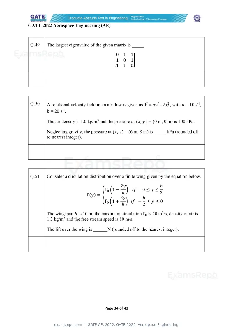 GATE AE 2022 question paper, GATE 2022, Aerospace Engineering, page 34 of 44