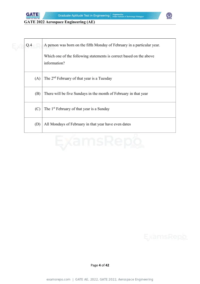 GATE AE 2022 question paper, GATE 2022, Aerospace Engineering, page 4 of 44