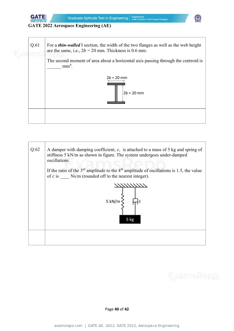 GATE AE 2022 question paper, GATE 2022, Aerospace Engineering, page 40 of 44