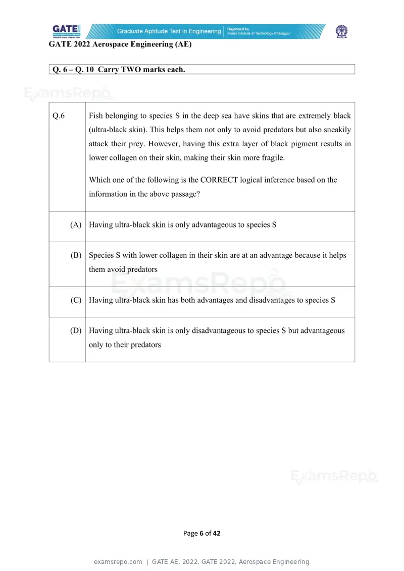 GATE AE 2022 question paper, GATE 2022, Aerospace Engineering, page 6 of 44