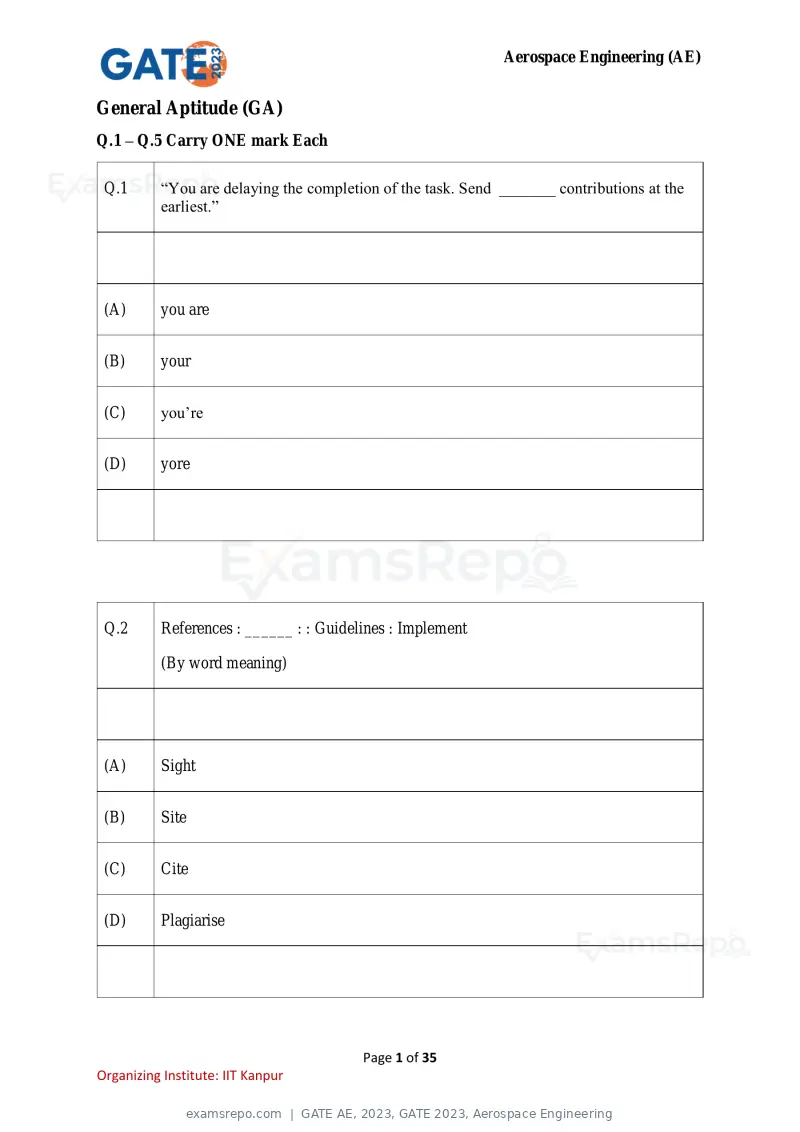 GATE AE 2023 question paper, GATE 2023, Aerospace Engineering, page 1 of 35