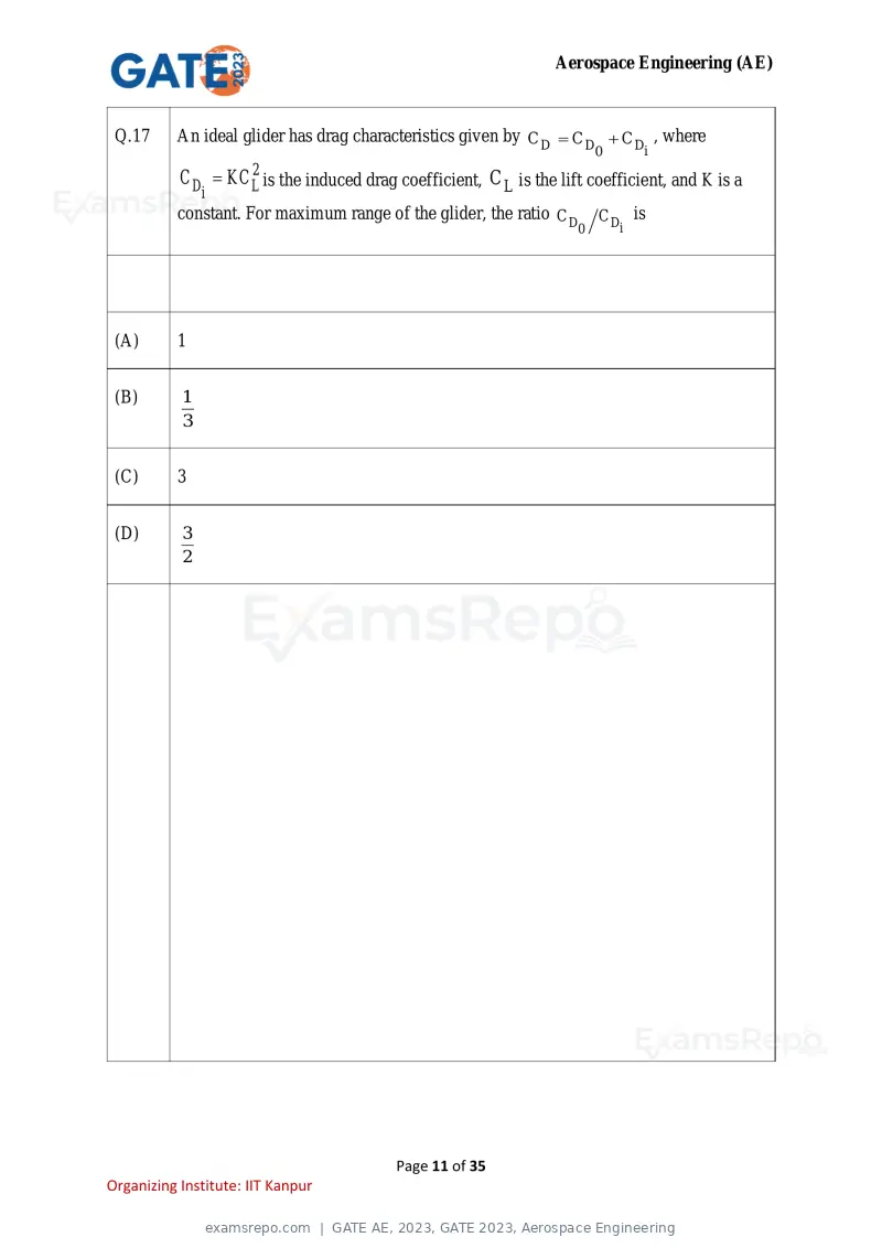 GATE AE 2023 question paper, GATE 2023, Aerospace Engineering, page 11 of 35