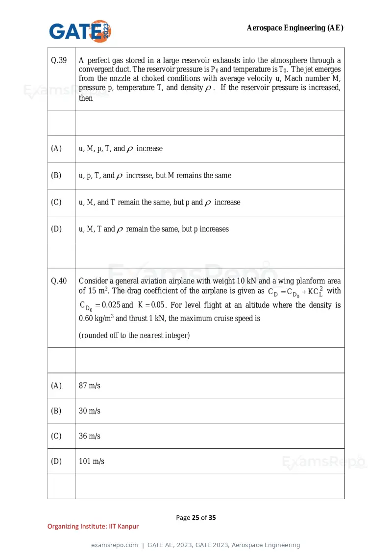 GATE AE 2023 question paper, GATE 2023, Aerospace Engineering, page 25 of 35