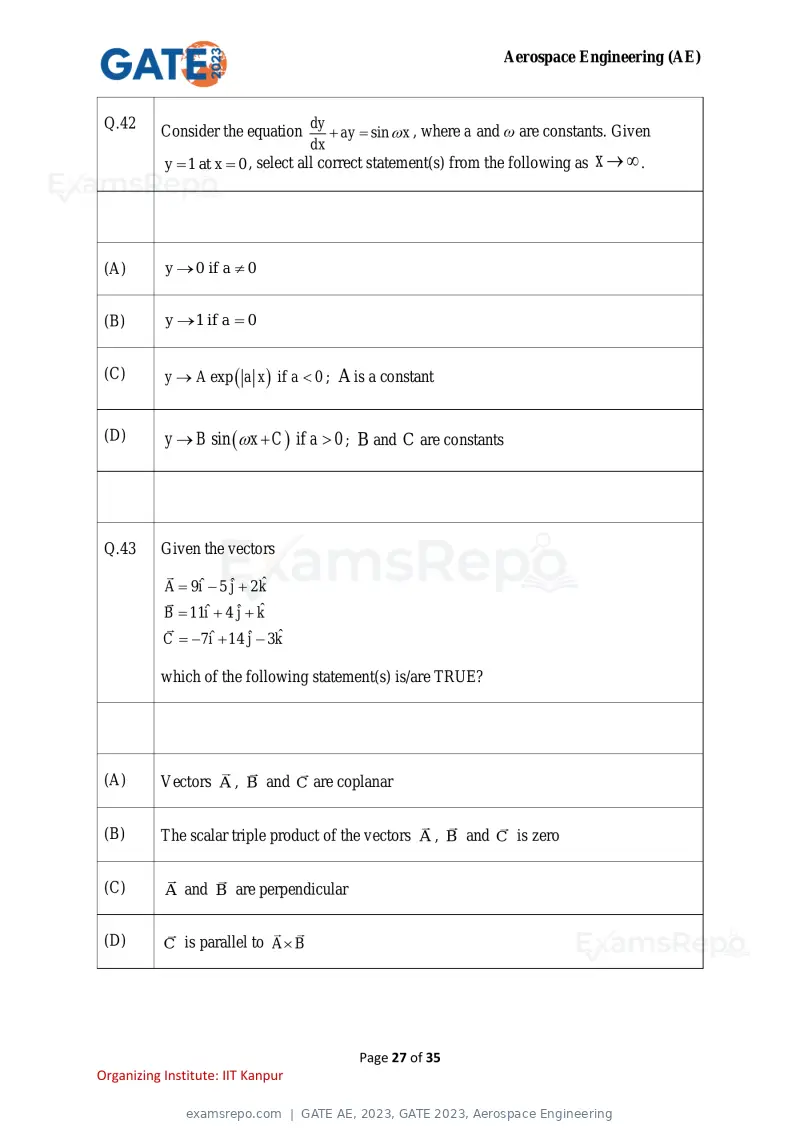 GATE AE 2023 question paper, GATE 2023, Aerospace Engineering, page 27 of 35