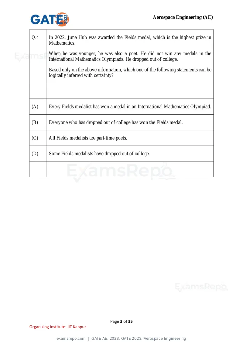 GATE AE 2023 question paper, GATE 2023, Aerospace Engineering, page 3 of 35