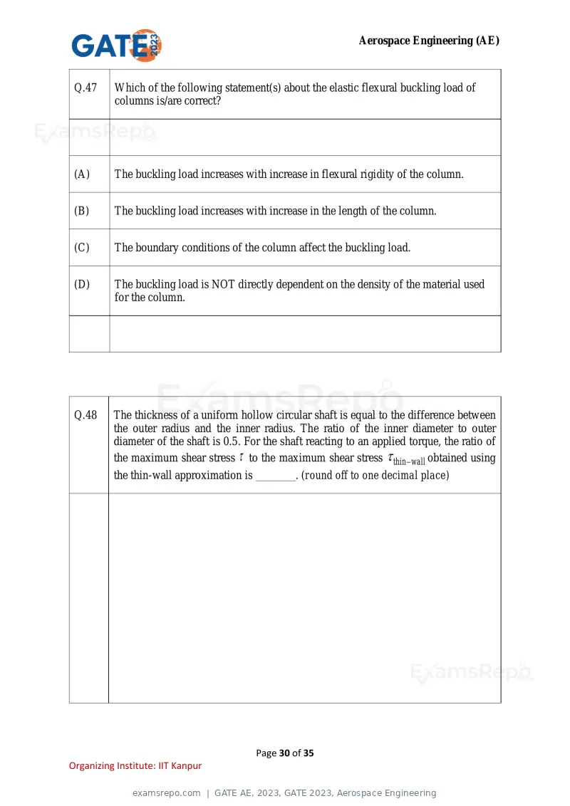 GATE AE 2023 question paper, GATE 2023, Aerospace Engineering, page 30 of 35