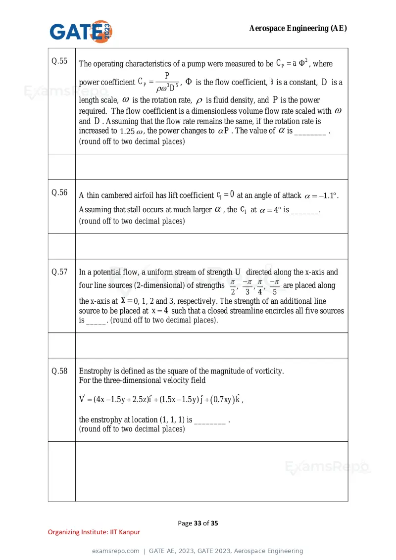GATE AE 2023 question paper, GATE 2023, Aerospace Engineering, page 33 of 35
