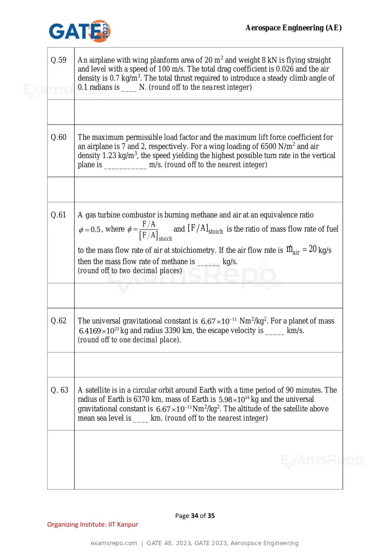 GATE AE 2023 question paper, GATE 2023, Aerospace Engineering, page 34 of 35