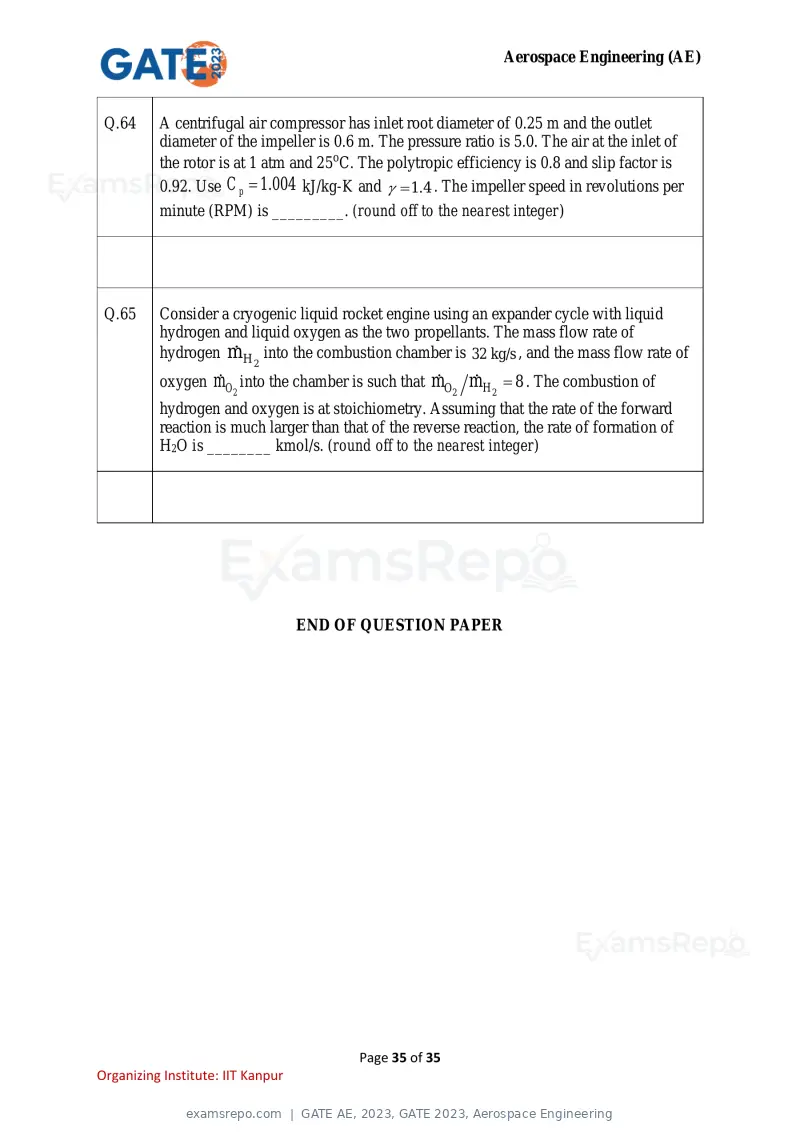 GATE AE 2023 question paper, GATE 2023, Aerospace Engineering, page 35 of 35