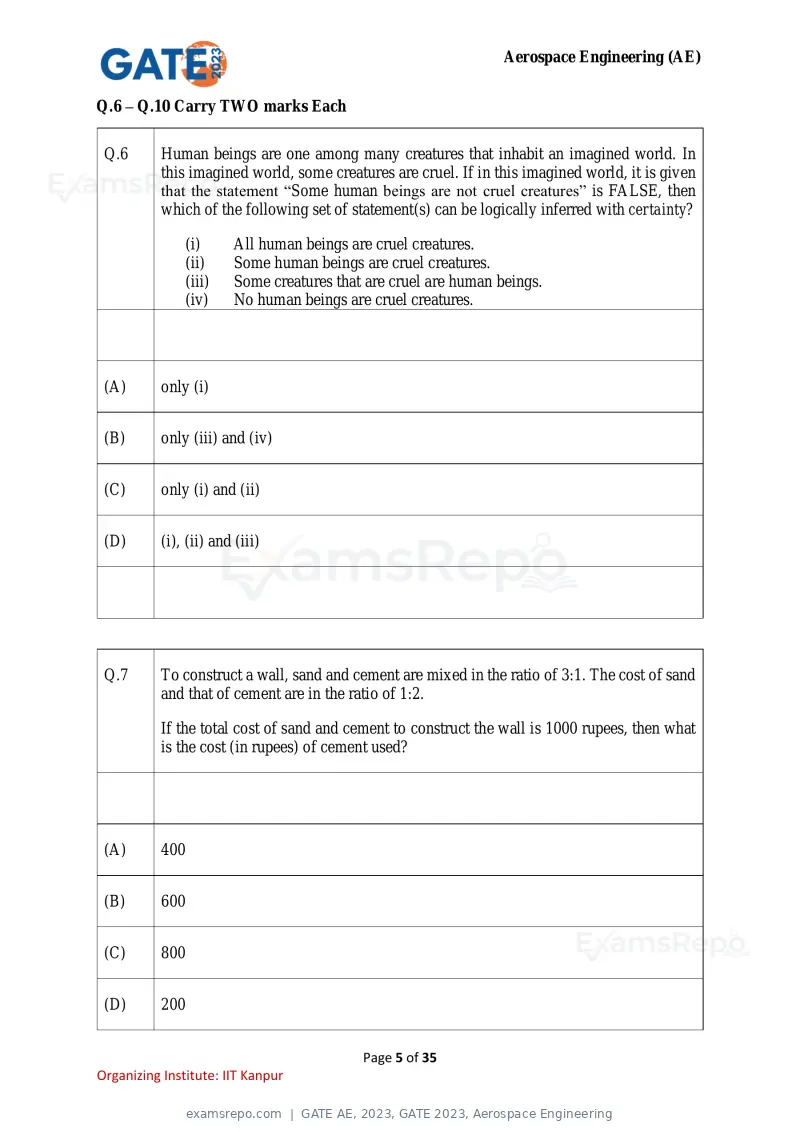 GATE AE 2023 question paper, GATE 2023, Aerospace Engineering, page 5 of 35