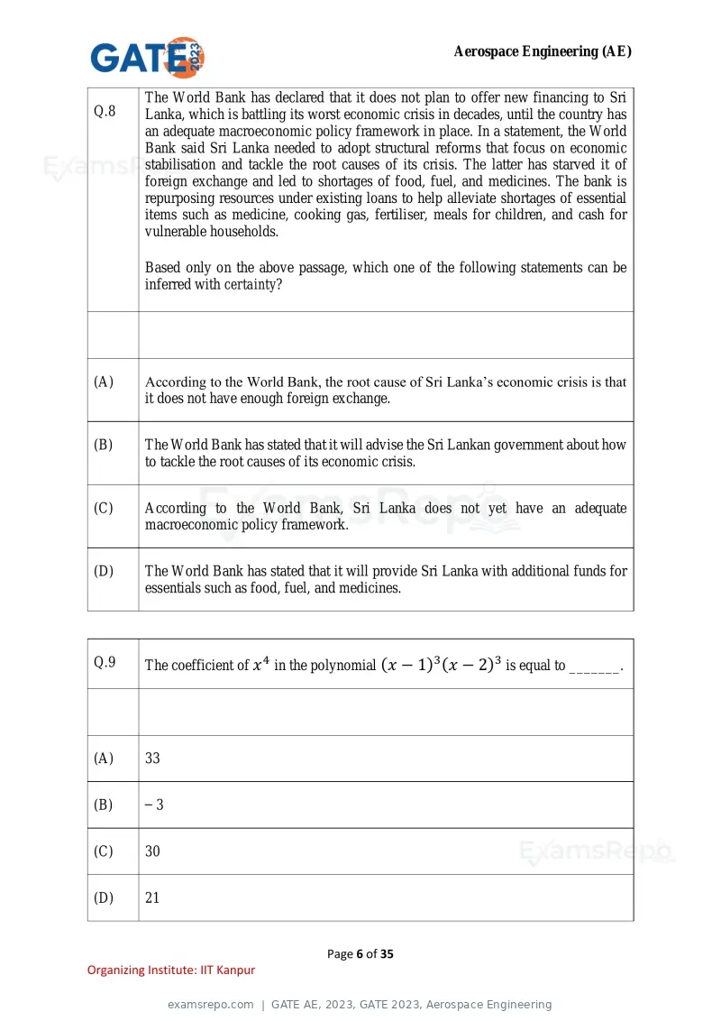 GATE AE 2023 question paper, GATE 2023, Aerospace Engineering, page 6 of 35