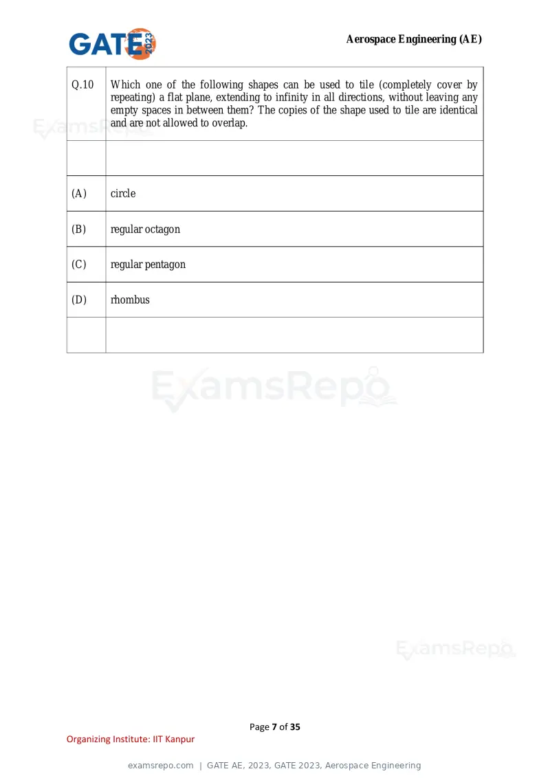 GATE AE 2023 question paper, GATE 2023, Aerospace Engineering, page 7 of 35