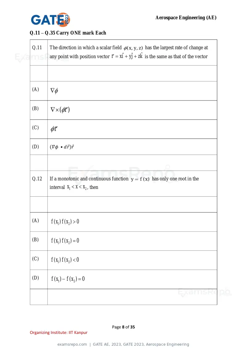 GATE AE 2023 question paper, GATE 2023, Aerospace Engineering, page 8 of 35