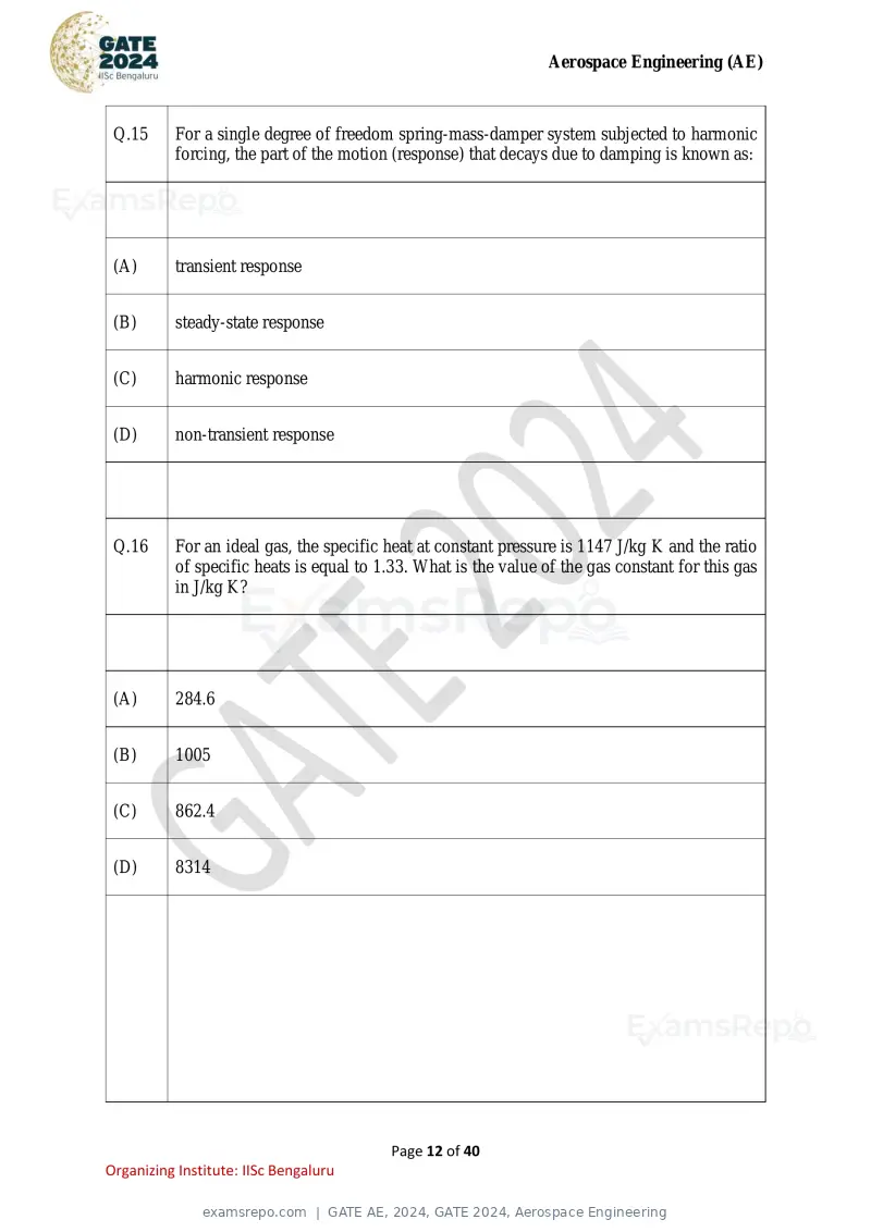 GATE AE 2024 question paper, GATE 2024, Aerospace Engineering, page 12 of 40