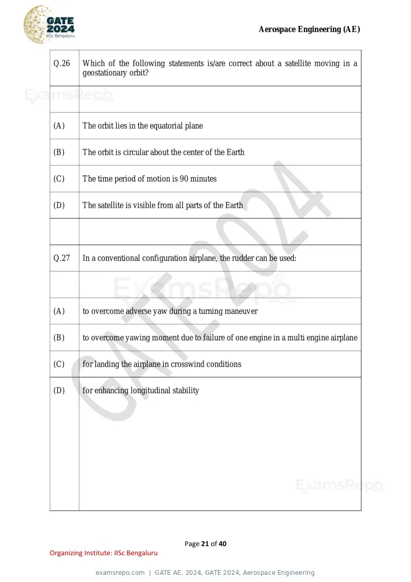 GATE AE 2024 question paper, GATE 2024, Aerospace Engineering, page 21 of 40