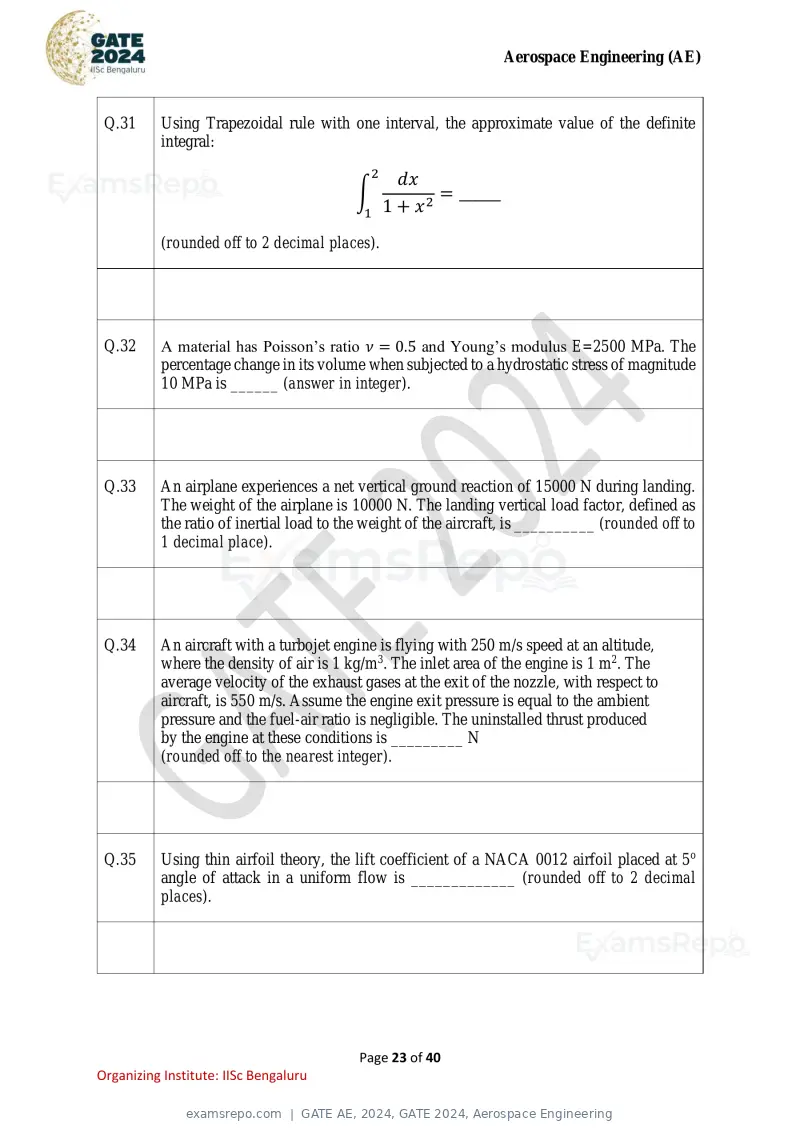 GATE AE 2024 question paper, GATE 2024, Aerospace Engineering, page 23 of 40