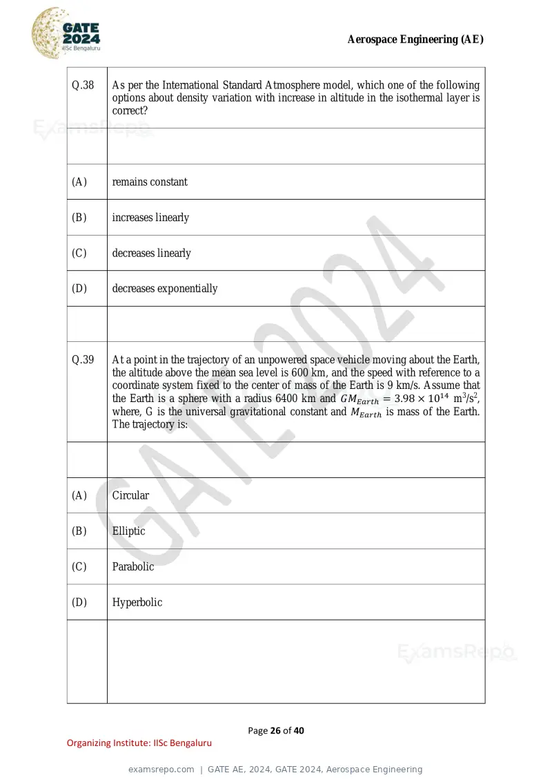 GATE AE 2024 question paper, GATE 2024, Aerospace Engineering, page 26 of 40