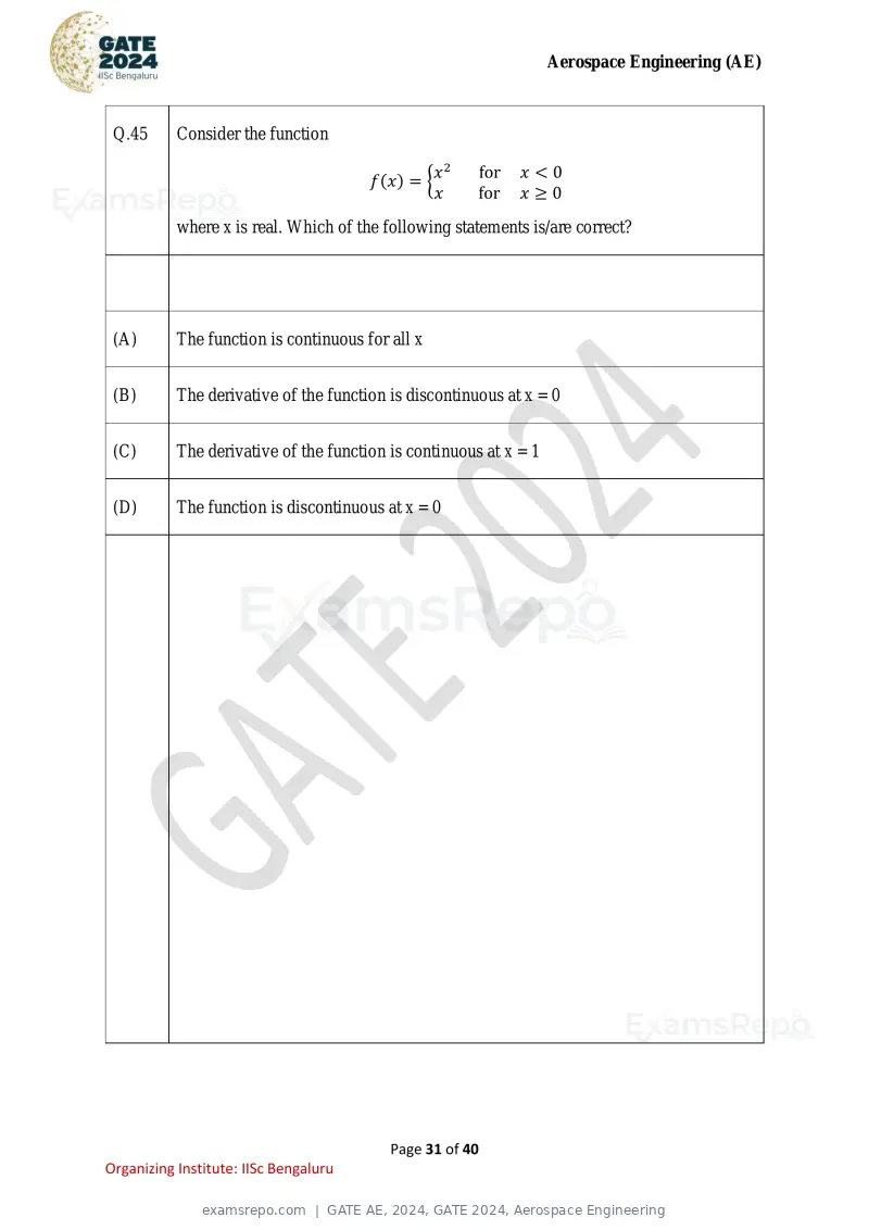 GATE AE 2024 question paper, GATE 2024, Aerospace Engineering, page 31 of 40