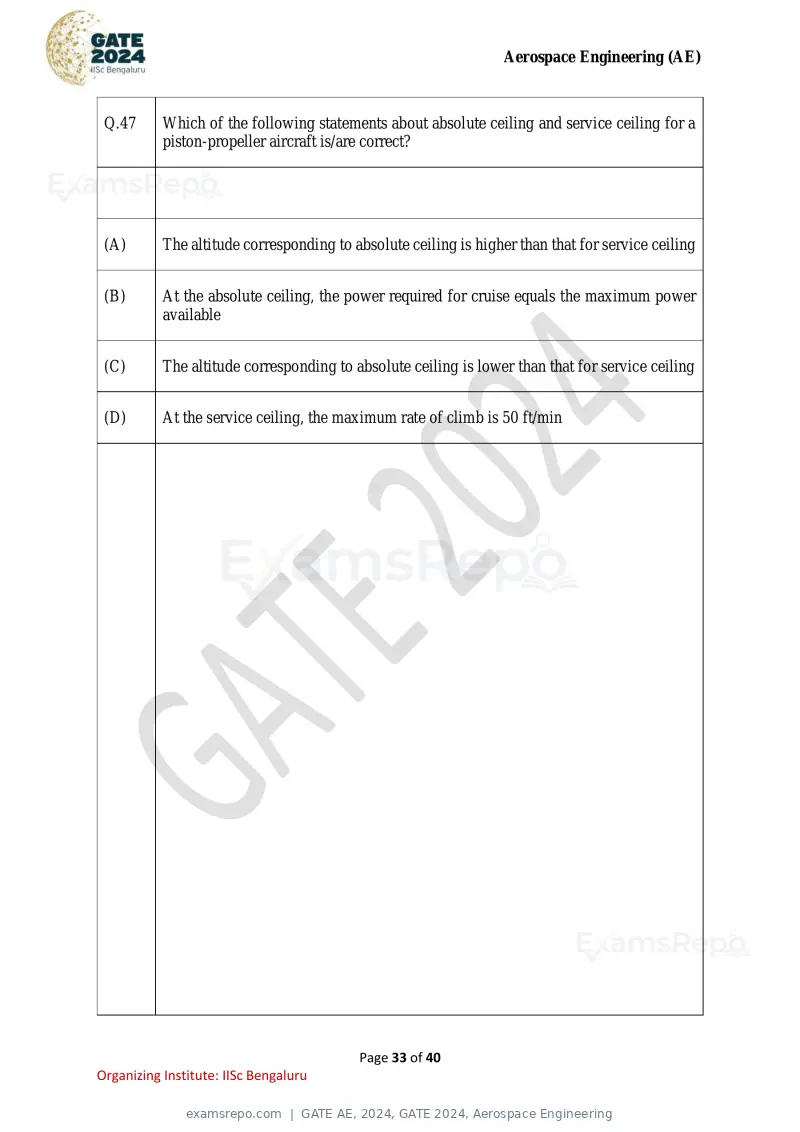 GATE AE 2024 question paper, GATE 2024, Aerospace Engineering, page 33 of 40