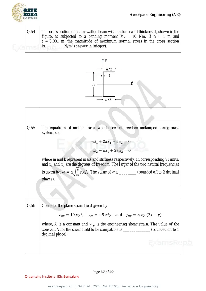 GATE AE 2024 question paper, GATE 2024, Aerospace Engineering, page 37 of 40