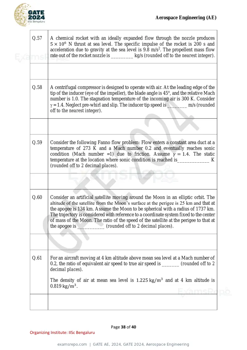GATE AE 2024 question paper, GATE 2024, Aerospace Engineering, page 38 of 40