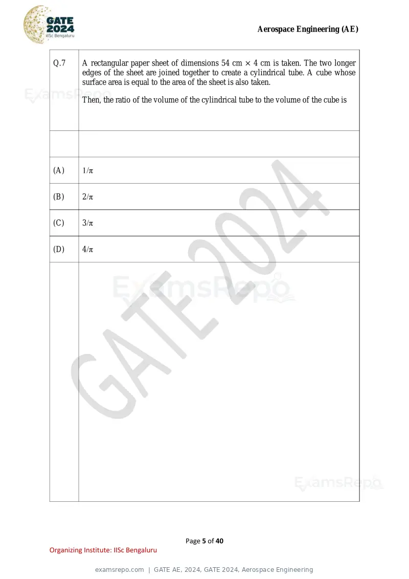 GATE AE 2024 question paper, GATE 2024, Aerospace Engineering, page 5 of 40