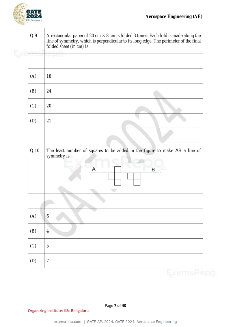 GATE AE 2024 question paper, GATE 2024, Aerospace Engineering, page 7 of 40