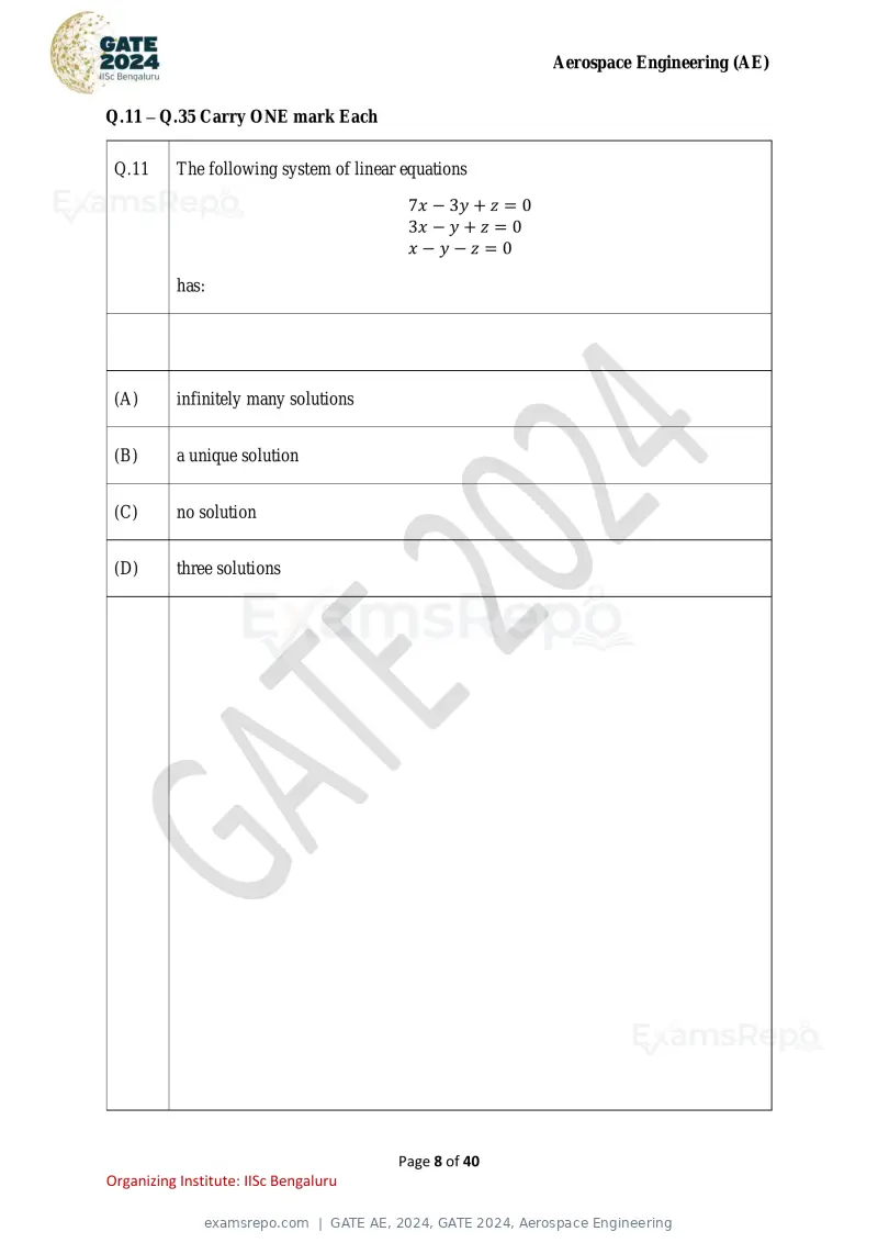GATE AE 2024 question paper, GATE 2024, Aerospace Engineering, page 8 of 40