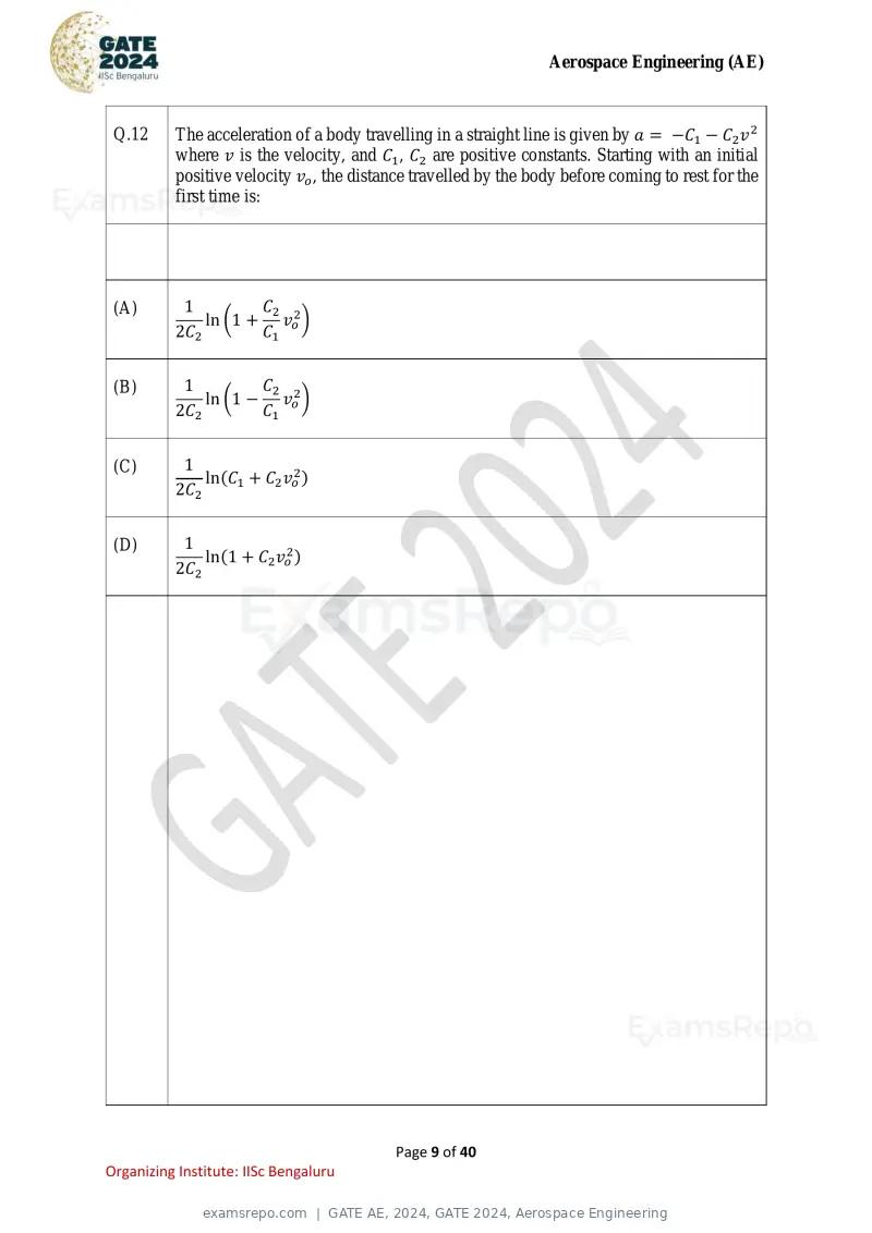 GATE AE 2024 question paper, GATE 2024, Aerospace Engineering, page 9 of 40